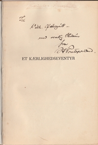 Henrik Pontoppidan til Vilhelm Østergaard 23.10.1918. Smudstitelblad med dedikation til Vilh. Østergaard (privateje).