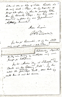 Henrik Pontoppidan til Ernst Bojesen 15.11.1899. Brevets side 3. Den sorte skjold i folden nederst til venstre må stamme fra en fugtskade på originalen